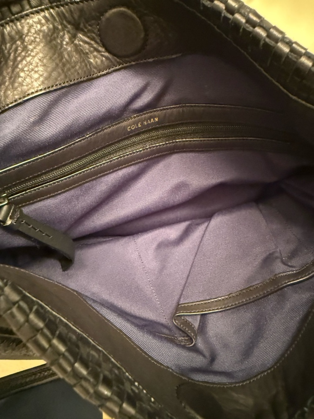 Cole Haan Black Woven Leather Hobo Bag with Gold Logo Tag - Picture 3 of 4